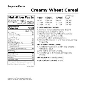 A nutrition label for Augason Farms Creamy Wheat Cereal #10 Can - 36 Servings - (SHIPS IN 1-2 WEEKS).