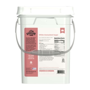 A Augason Farms White Sugar 28lb 4 Gallon Pail - 3175 Servings - (SHIPS IN 1-2 WEEKS) with a handle on it.