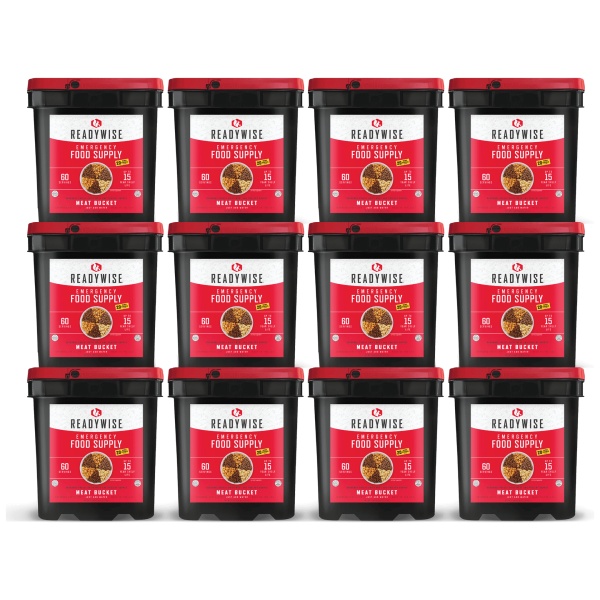 A set of ten ReadyWise (formerly Wise Food Storage) 240 Serving Meat Packages with lids on them.