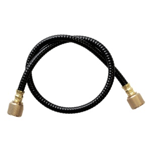 A black Harvest Right 3/8" Hose with brass fittings on a white background.