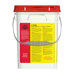 A bucket with a Augason Farms 2-Week 1-Person Emergency Food Pail - (SHIPS IN 1-2 WEEKS) lid and a red handle.