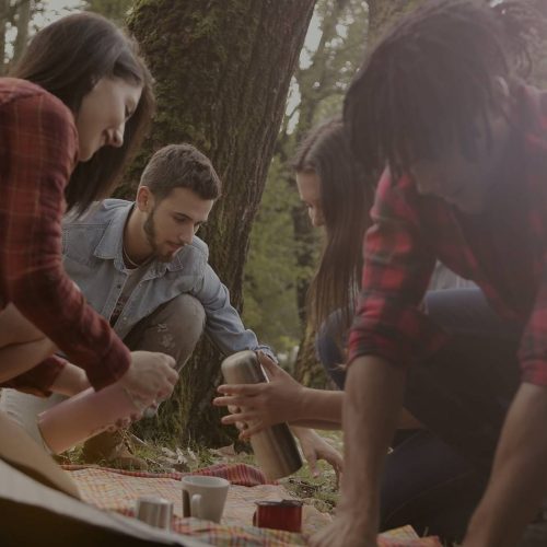 A group of people camping in a tent.