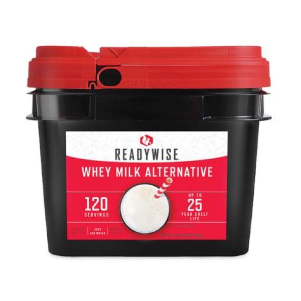 ReadyWise (formerly Wise Food Storage) 120 Servings Emergency Whey Milk Alternative (SHIPS IN 1-2 WEEKS) in a red bucket.