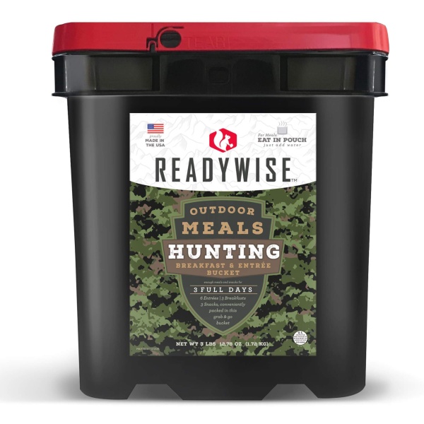 A bucket of ReadyWise Hunting Food Calorie Booster Emergency Food.