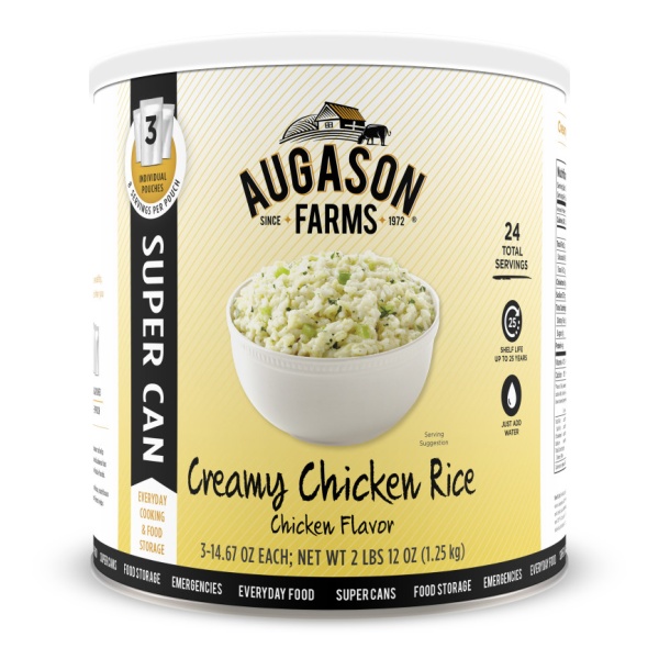 A can of Augason Farms Creamy Chicken-Flavored Rice Super #10 Can - 24 Servings - (SHIPS IN 1-2 WEEKS).