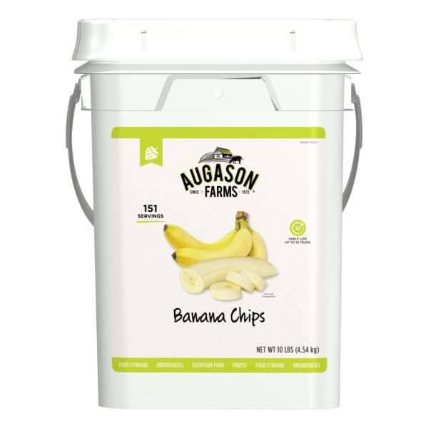 A bucket of Augason Farms Dehydrated Banana Slices 4 Gallon Pail - 151 Servings on a white background. (SHIPS IN 1-2 WEEKS)