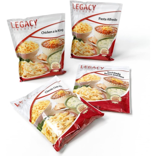 Three packages of Legacy Food Storage Emergency Preparedness Entree Meal Samples - 16 Large Servings - (SHIPS IN 1-2 WEEKS) chicken and pasta.