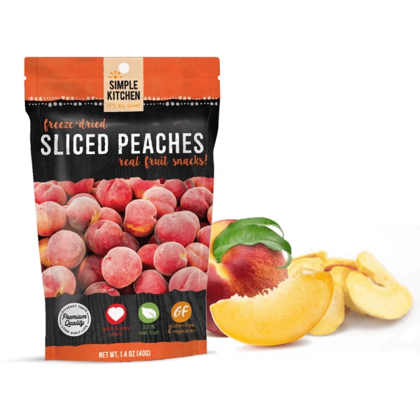 ReadyWise (formerly Wise Food Storage) Freeze-Dried Peaches with a bag next to them.