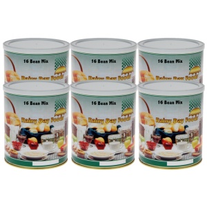 Five cans of Rainy Day Foods Gluten-Free 16 Bean Mix 6 (Case of Six) #10 Cans - 156 Servings – (SHIPS IN 1-2 WEEKS) on a white background.