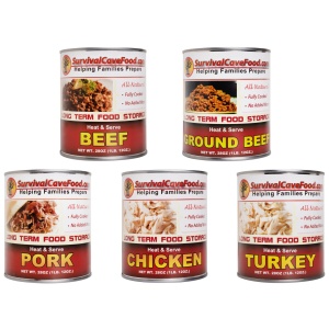 A group of cans for emergency food storage with different kinds of food on them.