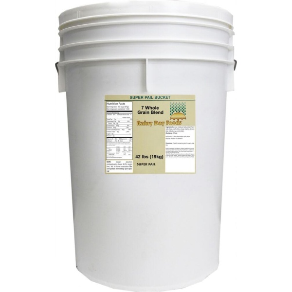 A white bucket for emergency food storage with a label on it.