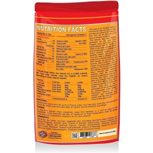 The back of a Survival Tabs - Mixed Flavor Variety Pack - 96 Food Tablets - (SHIPS IN 1-2 WEEKS) bag of nutrition facts.