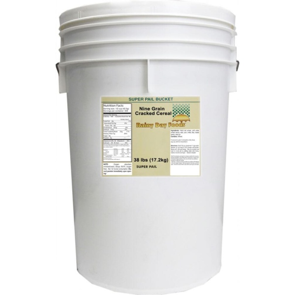 A white bucket with a label for emergency food storage.