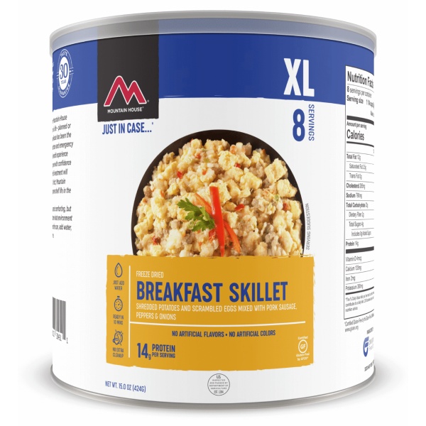 A Mountain House Gluten-Free Freeze-Dried and Dehydrated Breakfast Skillet #10 Can - 8 Servings - (SHIPS IN 1-2 WEEKS) on a white background.