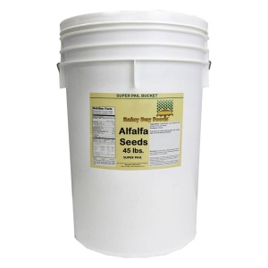 A large pail of alfalfa seeds.