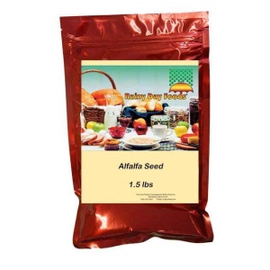 Rainy Day Foods alfalfa seed in a 1.5 lbs Mylar bag on a white background.