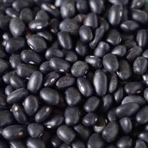 A pile of black beans on a table.