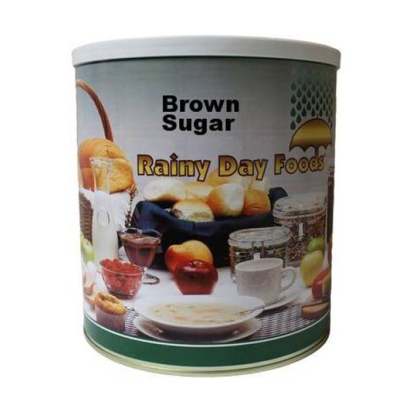 A tin of Rainy Day Foods brown sugar on a white background.