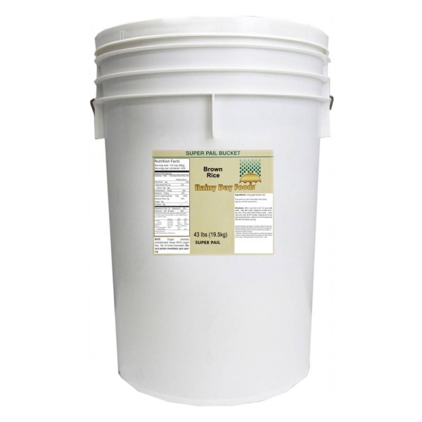 A white *Rainy Day Foods Gluten-Free Non-GMO Brown Rice Long 5 Gallon 35 lbs Super Pail - 353 Servings - (SHIPS IN 5-10 WEEKS) bucket with a label on it.