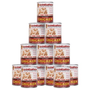 A stack of emergency food storage cans on a white background.