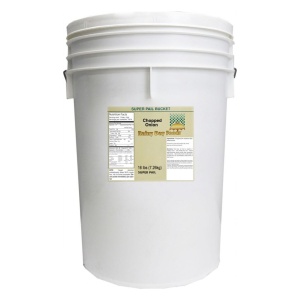 A labeled white bucket containing Rainy Day Foods Onion Chopped in a 5 Gallon Super Pail.