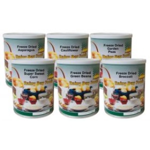 Six cans of frozen green broccoli in a Rainy Day Foods Freeze-Dried Vegetable Pack.