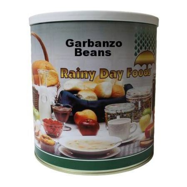 A gluten-free #10 can of garbanzo beans, perfect for those rainy days.