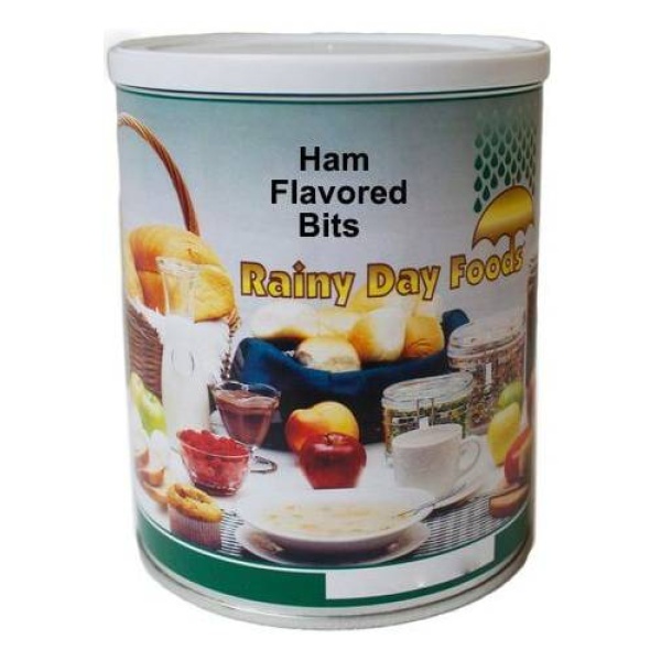 Rainy day food option: TVP imitation ham flavored bits in a 12 oz #2.5 can, serving 12, will ship in 1-2 weeks.