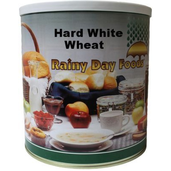 A tin of hard white wheat rainy day foods.