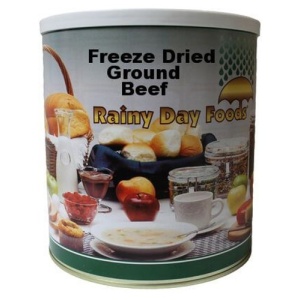 Freeze-dried ground beef, rainy day food, 29 oz can, 24 servings.