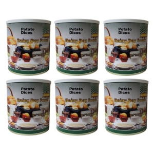 Six tins of Rainy Day Foods potato dices on a white background.