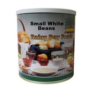 Gluten-Free small white beans in a tin, on a white background.
