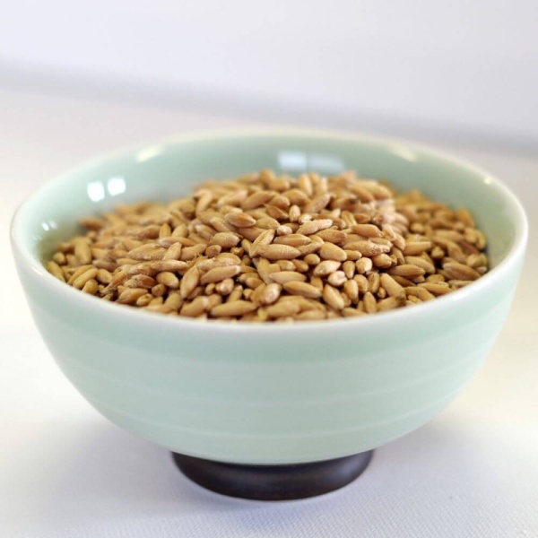 Buckwheat groats for emergency food storage in a bowl on a white surface.