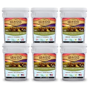 A set of six buckets of Heaven's Harvest freeze-dried fruit and vegetable pail kit.