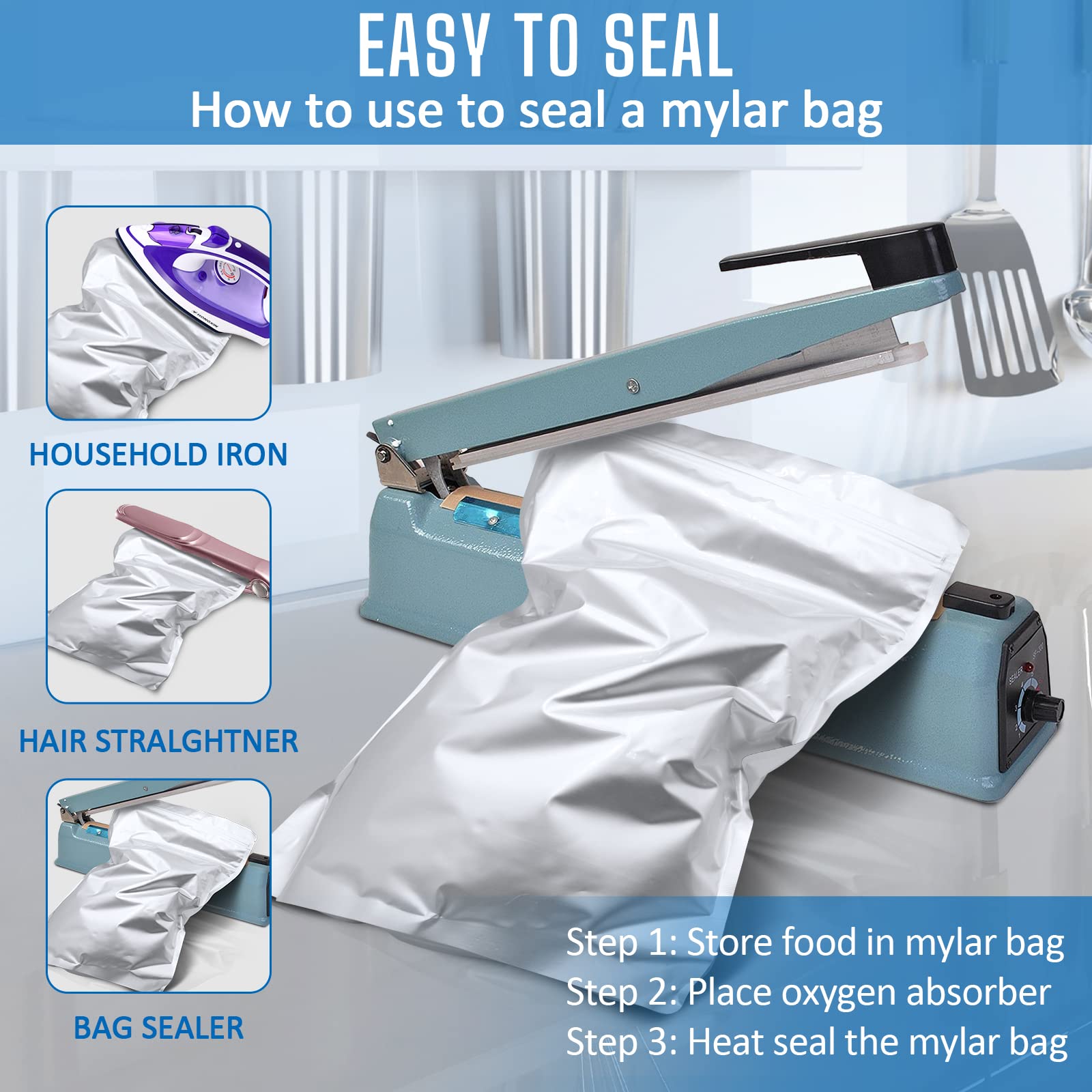 Lotfancy 100-Pack Mylar Bags With 100x300cc Oxygen Absorbers – Large Silver, Food Storage Kit