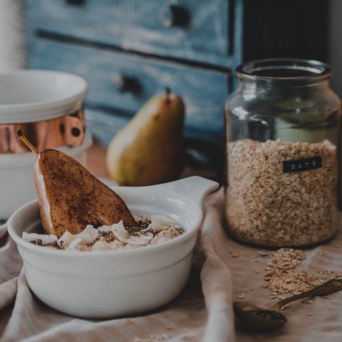 A bowl of oats and a cup of coffee, perfect for emergency kits.