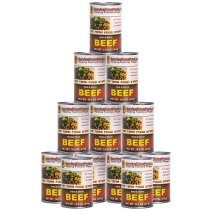 A stack of cans for emergency food storage stacked on top.