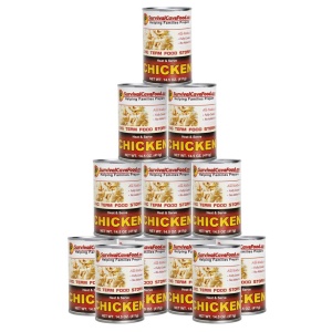 A stack of emergency food storage cans of chicken soup on a white background.