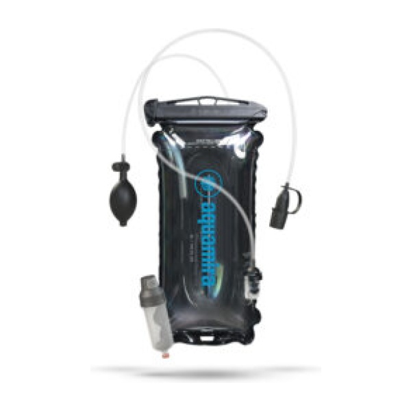 A pressurized water bottle equipped with the Aquamira 3L Hydration Engine and a hose attachment.