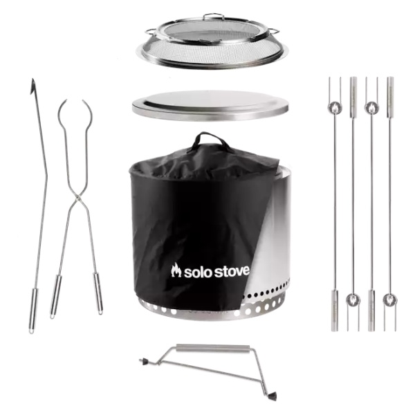 A portable camping kit with pots, pans, and utensils: Solo Stove Stainless Steel Bonfire Ultimate Bundle 2.0.