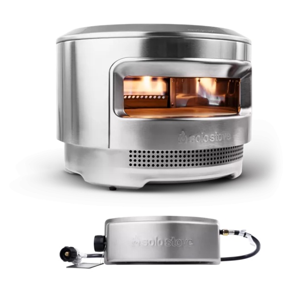 A portable stainless steel stove with two burners and a remote control.