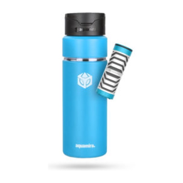 Aquamira SHIFT 24oz Filter Bottle, blue color, with a straw.