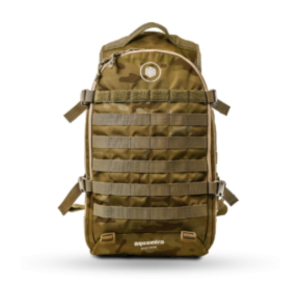 A multicam backpack on a white background.