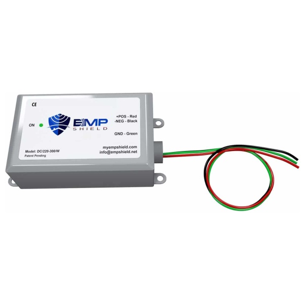 The EMP power supply is connected to a white background, providing EMP protection for a DC 220-300 Volt system.