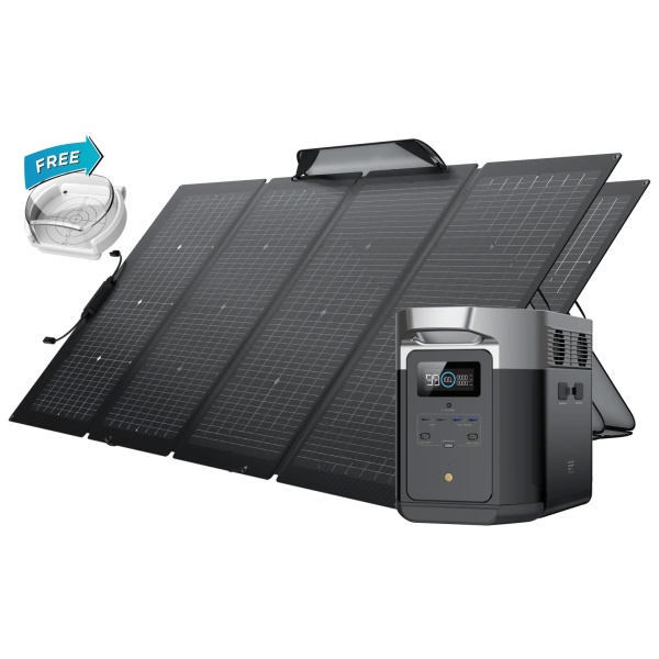 A solar panel with a portable generator and two portable panels.