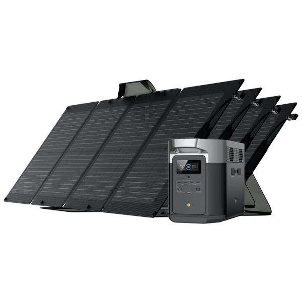 A solar panel with a battery attached, incorporating the EcoFlow DELTA Max 2000 Solar Generator and 4 portable solar panels.