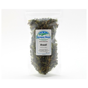 A bag of dried broccoli flowerets on a white background.