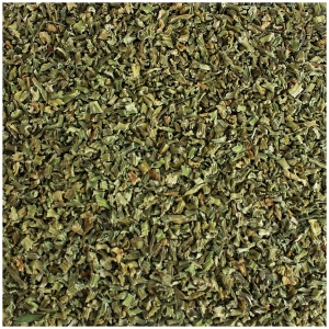 A pile of dried herbs on a white background.