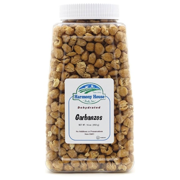 A plastic container of Harmony House Garbanzo Beans.