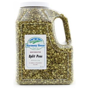 A gallon of Harmony House split peas on a white background.
